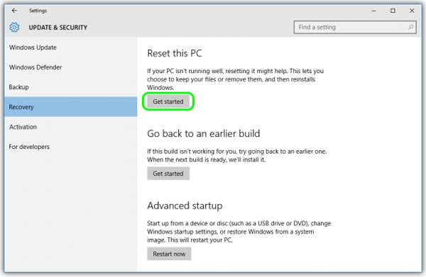 Inicie o processo de redefinição do Windows 10