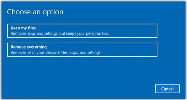 Opções antes de redefinir o Windows 10