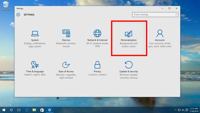 Configurações de personalização do Windows 10
