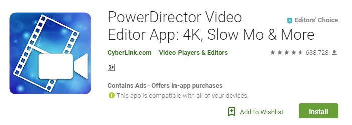 Aplicativo gratuito de edição de vídeo Power Director para Android