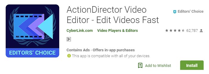 Aplicativo de edição de vídeo no Android Action Director Video Editor