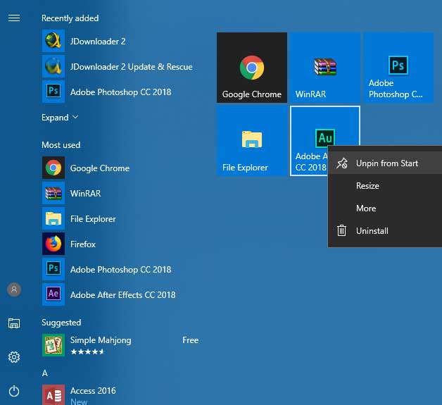 Menu Iniciar minimalista do Windows 10
