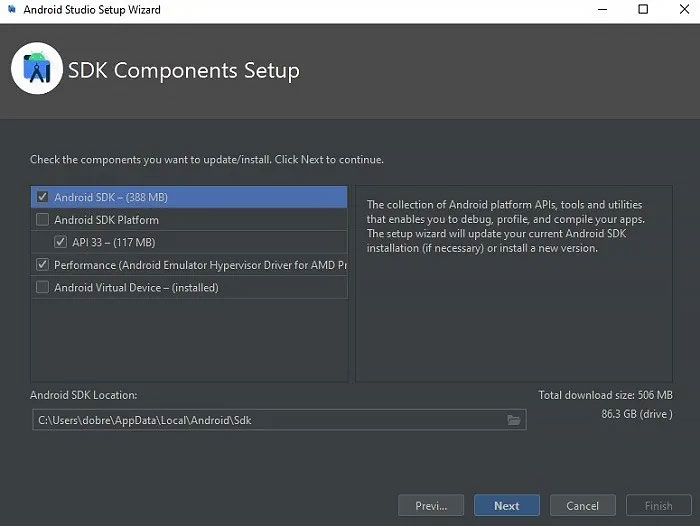 Como instalar componentes do SDK do Android Studio